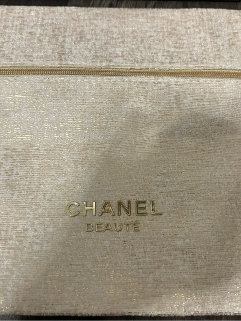 CHANEL Beige Beauté Cosmetic Pouch with Gold Logo